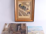 deux tableaux encadrés représentant des personnes et un tableau représentant un homme