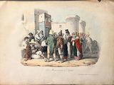 an old picture of a group of people standing around a building