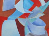 une peinture représentant une œuvre abstraite bleue et rouge sur fond marron