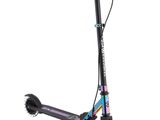 a black scooter with a purple and blue design on it