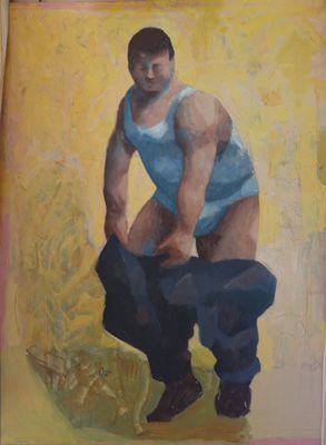 un tableau représentant un homme accroupi par terre