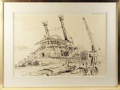 drawing of a ship in a frame with a man standing next to it