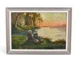 tableau représentant un couple assis au bord d'une rivière, en train de lire un livre