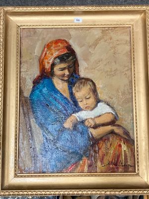 une peinture représentant une femme tenant un bébé dans ses bras