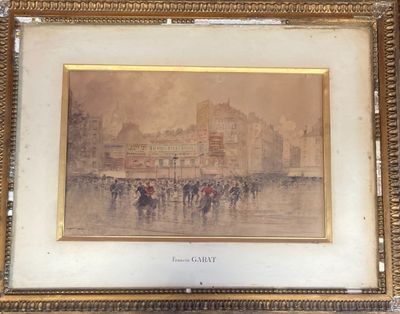 painting of a city scene with people walking in the rain