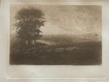 une photo en noir et blanc d'un arbre dans un champ