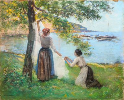 une peinture à l'huile représentant deux femmes étendant du linge sur une corde à linge