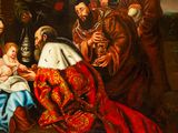 an image of a painting of a group of people sitting around a baby