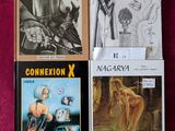 trois livres posés sur un tissu rouge orné du dessin d'une femme