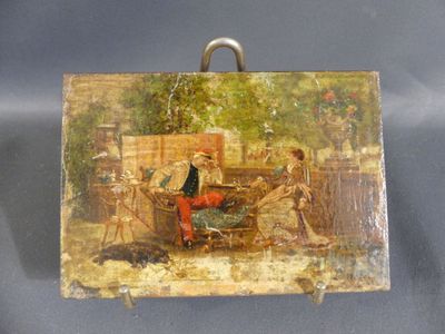 an old picture of a man sitting on a bench in a garden