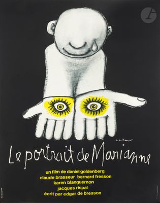 a black and white poster with two hands holding two yellow eyes