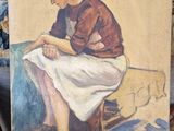 une peinture représentant une femme assise sur une chaise