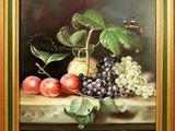 une peinture à l'huile représentant une nature morte composée de fruits posés sur une table