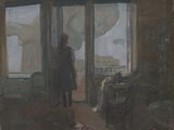 tableau représentant une femme regardant par la fenêtre un paysage urbain