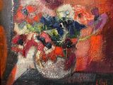 une peinture représentant un vase de fleurs sur une table