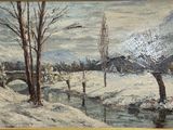tableau représentant un paysage enneigé avec des arbres et une rivière
