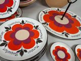 many plates with different designs on them on a table