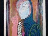 tableau représentant une femme tenant un micro devant un miroir