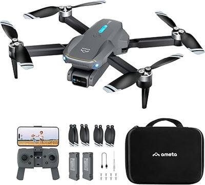 an image of a black drone with a camera and accessories