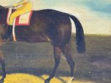 a painting of a man riding a horse in a field
