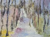 a painting of a path in the middle of a forest