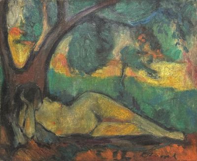 an oil painting of a woman laying under a tree in a park
