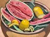 a painting of a bowl of watermelon and lemons