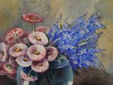 a painting of flowers in a vase on a table