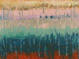 une peinture abstraite représentant un paysage rouge, bleu, vert et jaune
