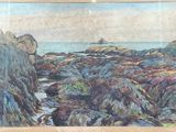 a picture of a painting of rocks on the beach