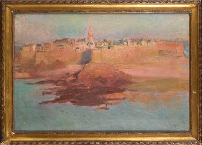 une peinture à l'huile représentant un oiseau perché au bord d'une plage de sable