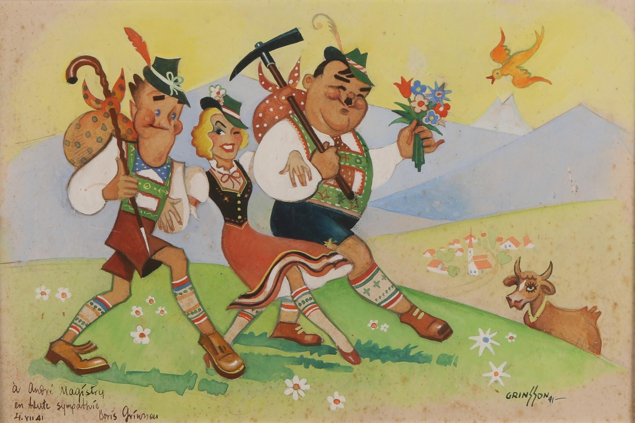 Boris GRINSSON Gouache Laurel et Hardy 1941 Dédicacée