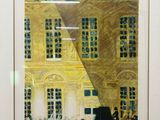 painting of a painting of a building with a grand piano in front of it