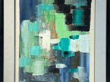 une peinture abstraite composée de carrés bleus, verts et blancs