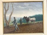 a painting of a man plowing a field with two horses