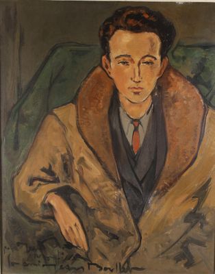 tableau représentant un homme en costume-cravate, assis sur une chaise