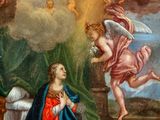 an image of a painting of a woman kneeling in front of angels