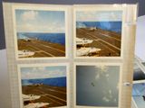 four pictures of a plane on the deck of an aircraft carrier