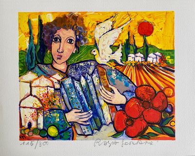 un tableau représentant une femme tenant un livre entre ses mains