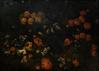 une image représentant un tableau de fleurs et de fruits posés sur une table