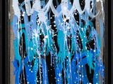 a painting of blue and white paint on a black background