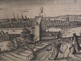 drawing of a view of a town from a hill with a castle in the distance