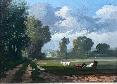 un tableau représentant des vaches dans un champ, près d'un chemin de terre