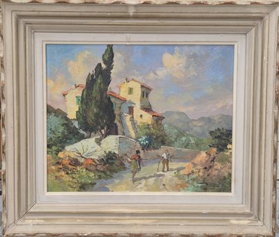 an oil painting of a village scene with a horse and carriage