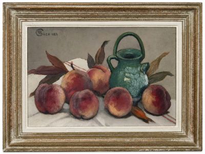 une peinture représentant des pêches et un vase vert posés sur une table