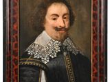 a painting of a man with a mustache wearing a black and white outfit