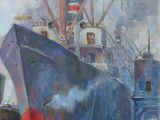 an oil painting of a large ship docked in a harbor