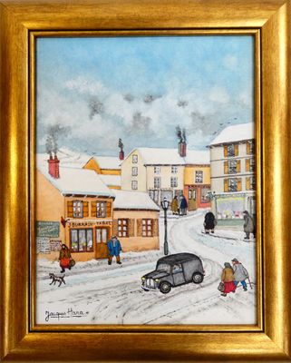 une peinture à l'huile représentant une scène de rue avec une voiture au premier plan