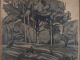 une image représentant un dessin de paysage avec des arbres et un banc