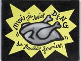 black and yellow sticker with a picture of a chicken on it